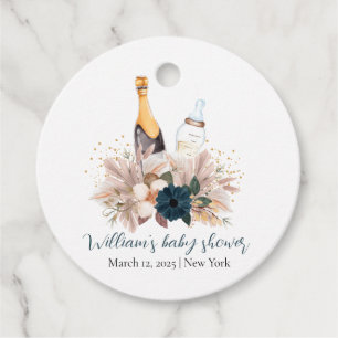 Blue Boho Poppin Champagne Bottles Baby Shower Favour Tags