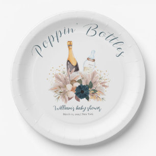 Blue Boho Poppin Champagne Bottles Baby Shower Paper Plate