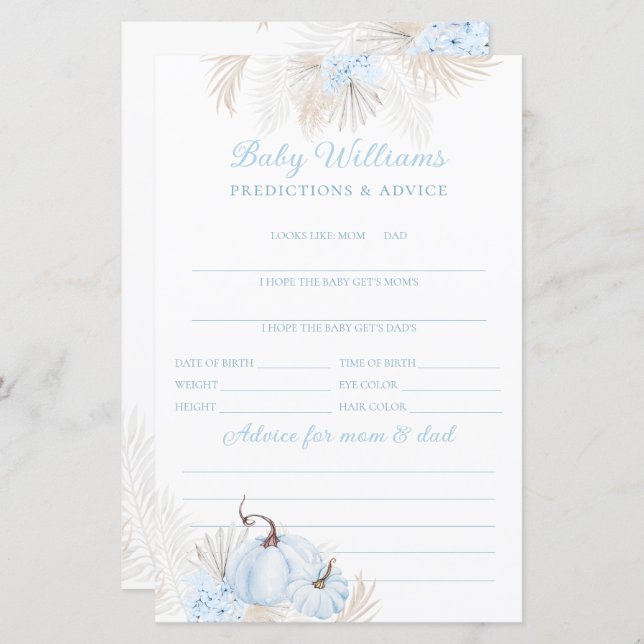 Blue Boho Pumpkin Baby Prediction Game (Front/Back)