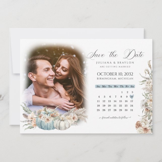 Blue Boho Pumpkins & Dried Floral Calendar & Photo Save The Date (Front)
