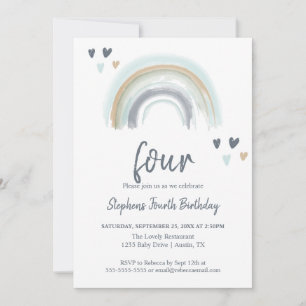  Blue Boho Rainbow 4th Birthday Party  Invitation