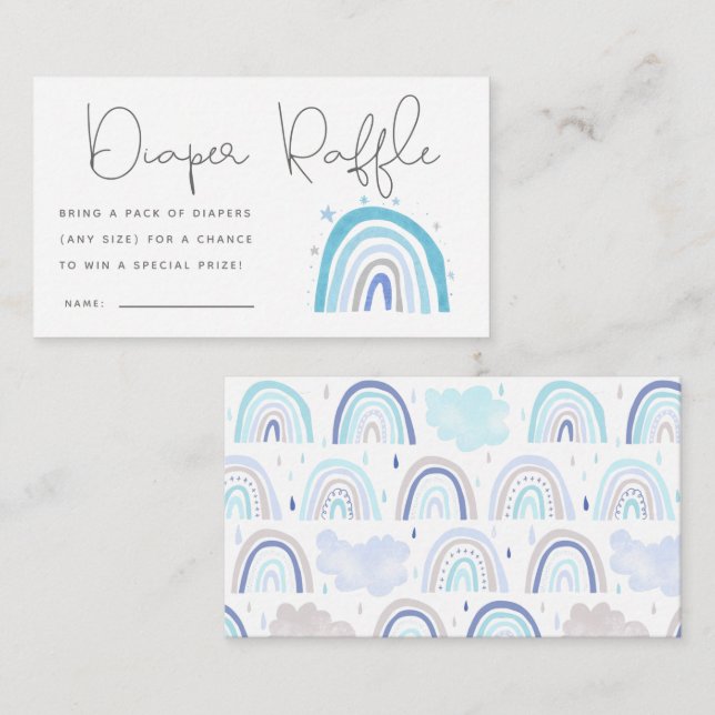 Blue Boho Rainbow Baby Shower Diaper Raffle Ticket Enclosure Card (Front/Back)
