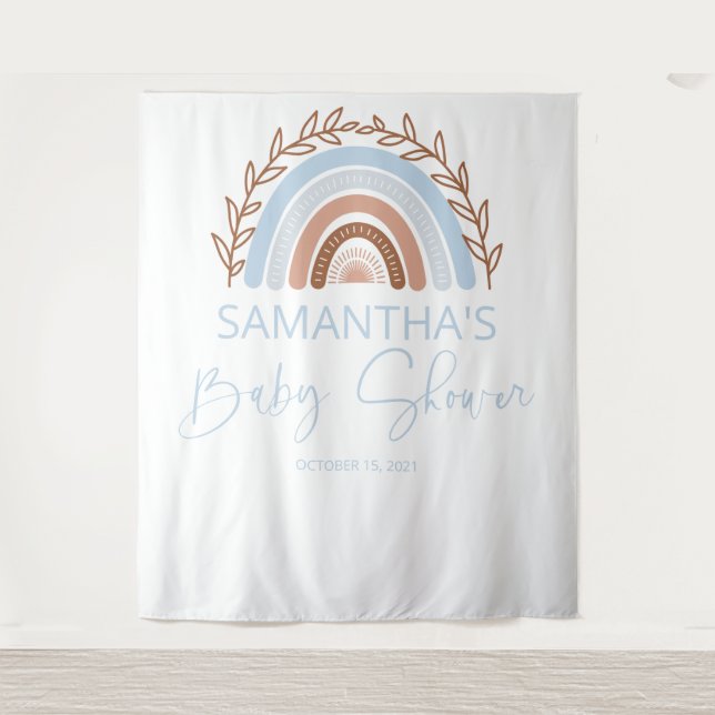 Blue Boho Rainbow Baby Shower Terracotta Tapestry (Front)