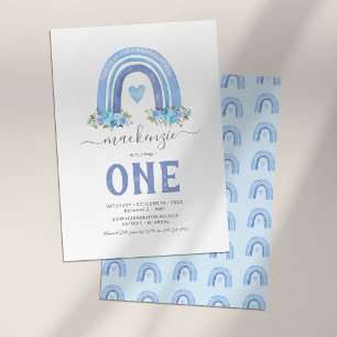Blue Boho Rainbow Boy First Birthday Invitation