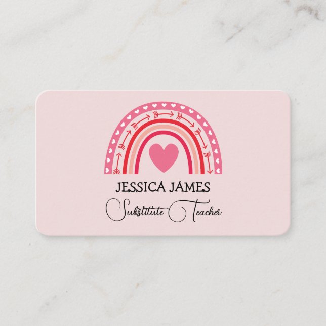  Blue Boho Rainbow Cute Substitute Teacher Business Card (Front)