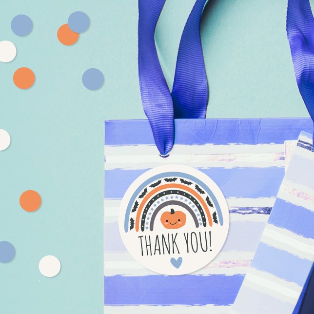Blue Boho Rainbow Halloween Baby Shower Thank You Classic Round Sticker (Creator Uploaded)