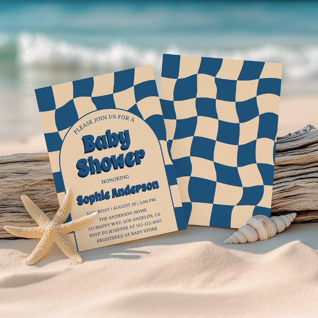 Blue Boho Retro Wavy Pattern Modern Baby Shower Invitation (Creator Uploaded)