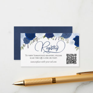 Blue Boho Roses Bridal Shower Registry QR Code Enclosure Card