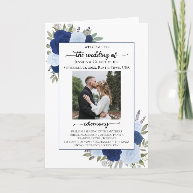 Blue Boho Roses Ceremony & Reception Wedding Program (Front)