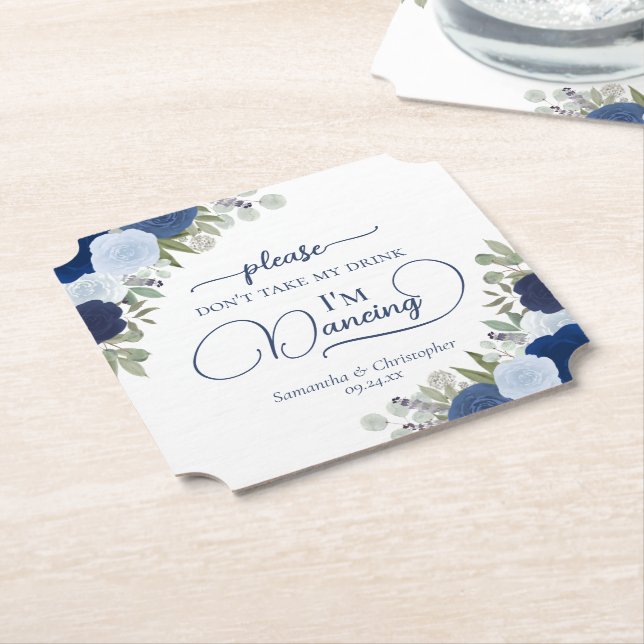 Blue Boho Roses Don't Take My Drink Wedding Paper Coaster (Angled)