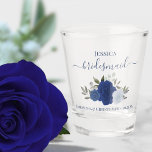 Blue Boho Roses Elegant Bridesmaid Wedding Shot Glass<br><div class="desc">These beautiful shot glasses are a fun and thoughtful way to thank your wedding bridesmaids. They feature a beautiful boho chic design with elegant script lettering and a cluster of hand painted watercolor roses in shades of dusty blue, navy, and indigo, along with eucalyptus leaves and garden greenery. The caption...</div>