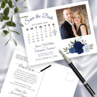 Blue Boho Roses Photo & Calendar Save the Date