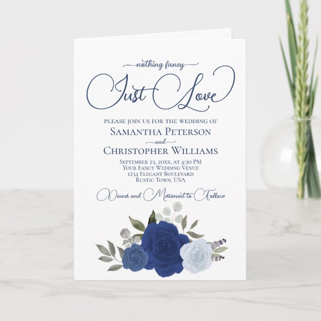 Blue Boho Roses Photo & Details Just Love Wedding Invitation (Front)
