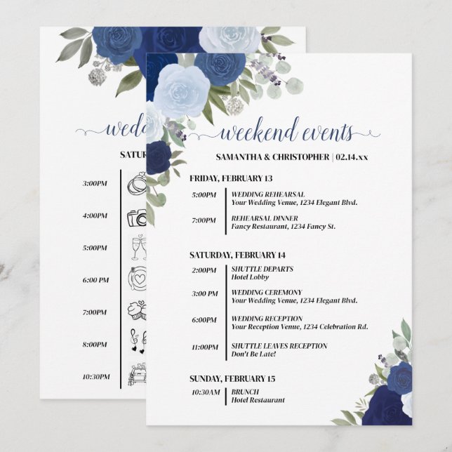 Blue Boho Roses Wedding Events & Timeline Program (Front/Back)