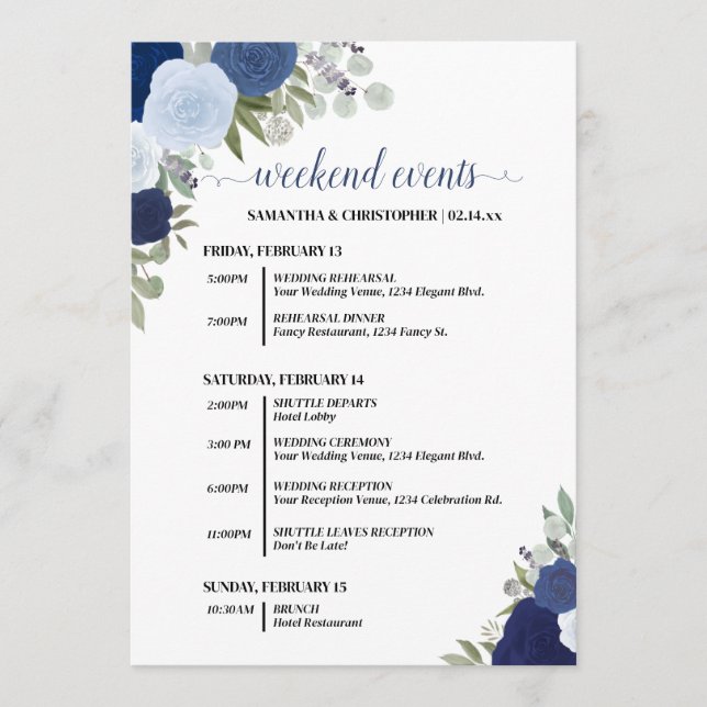 Blue Boho Roses Wedding Events & Timeline Program (Front)