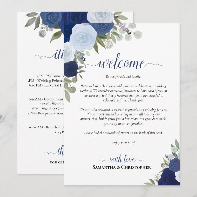 Blue Boho Roses Wedding Welcome & Itinerary Program (Front/Back)