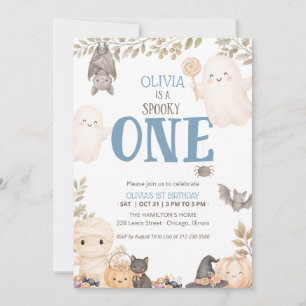 Blue Boho Spooky One 1st Birthday Cute Ghost Invitation
