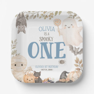 Blue Boho Spooky One 1st Birthday Cute Ghost Paper Plate