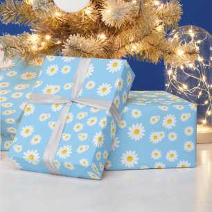 Blue Boho Spring Daisies Pattern Wrapping Paper