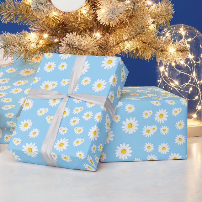 Blue Boho Spring Daisies Pattern Wrapping Paper (Holidays)