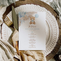 Blue Boho Teddy Bear Balloon Baby Shower Menu Card