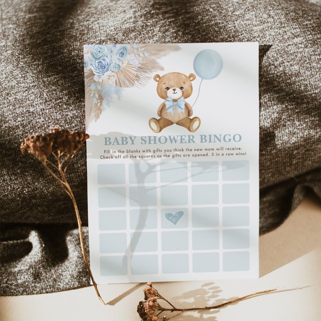 Blue Boho Teddy Bear Bingo Baby Shower Game Card (Creator Uploaded)