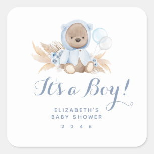 Blue Boho Teddy Bear Boy Baby Shower Square Sticker