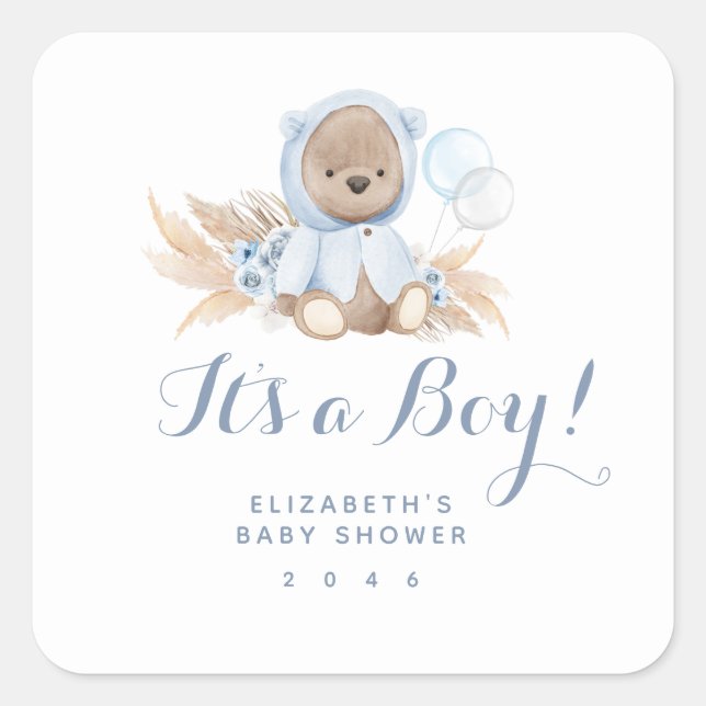 Blue Boho Teddy Bear Boy Baby Shower Square Sticker (Front)