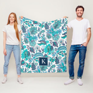 Blue Boho Vintage Floral Monogram Fleece Blanket