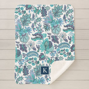 Blue Boho Vintage Floral Monogram Sherpa Blanket