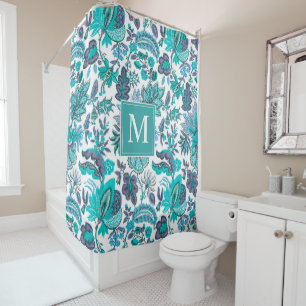 Blue Boho Vintage Floral Monogram Shower Curtain