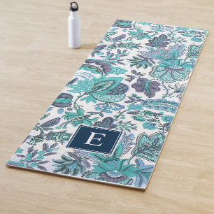 Blue Boho Vintage Floral Monogram Yoga Mat