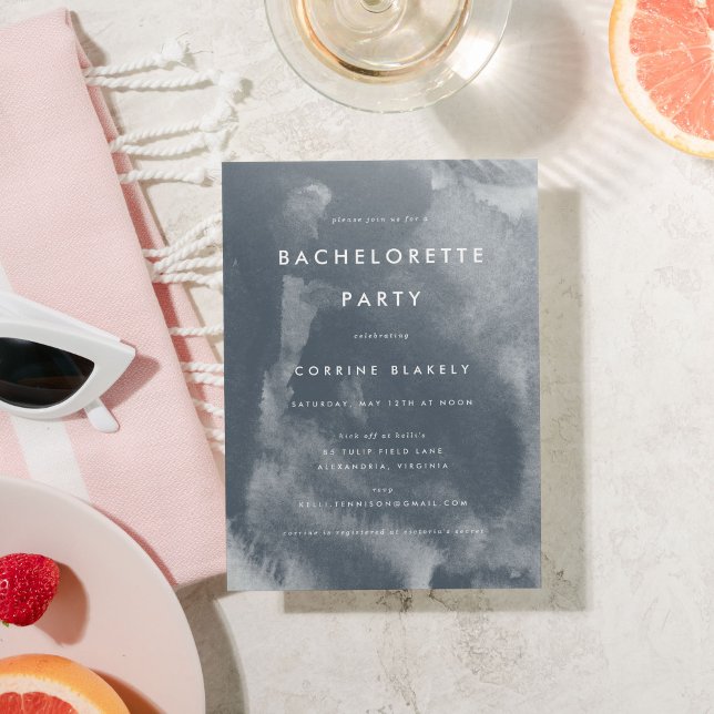 Blue Boho Watercolor Bachelorette Party Invitation (Blue watercolor wash modern bohemian bachelorette party invitation.)