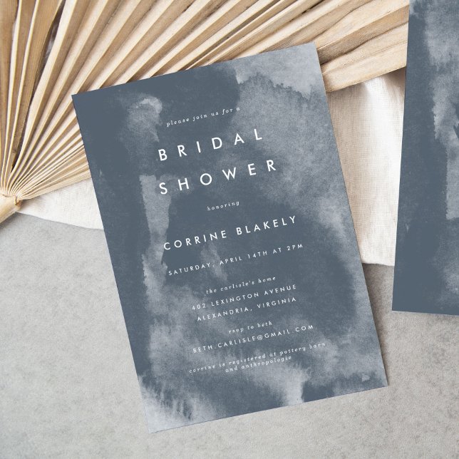 Blue Boho Watercolor Bridal Shower Invitation (Blue watercolor wash modern boho bridal shower invitation.)