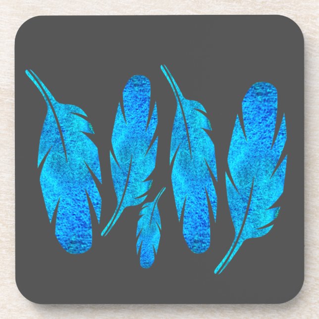 Blue boho watercolor feather art coaster (Front)