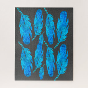 Blue boho watercolor feather art jigsaw puzzle