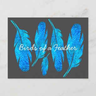 Blue boho watercolor feather art postcard