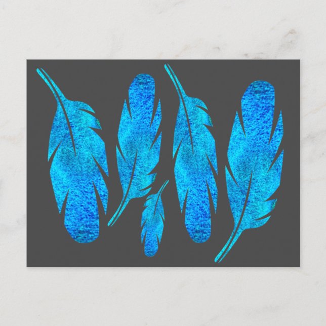 Blue boho watercolor feather art postcard (Front)