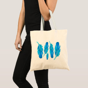 Blue boho watercolor feather art tote bag