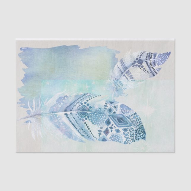Blue Boho Watercolor Feathers Tissue Paper (Front)