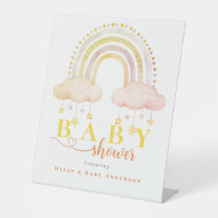 Blue Boho Watercolor Rainbow Baby Shower Pedestal Sign