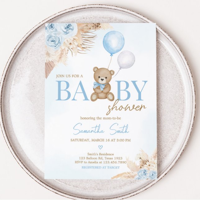 Blue Boho We Can Bearly Wait Baby Shower  Invitation (Blue Pampas Grass Boho Bear Baby Shower Invitation)