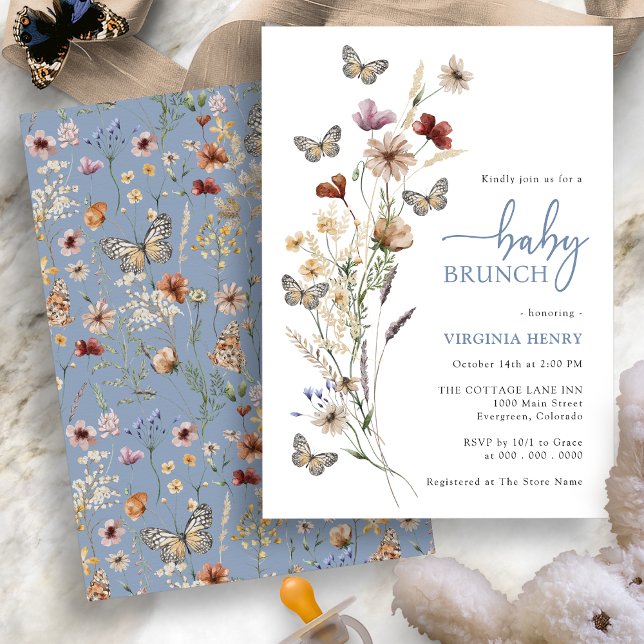 Blue Boho Wildflower Baby Brunch Invitation (Dusty Blue Boho Wildflower Baby Brunch Invitation with Butterflies by Painted Paperie
)
