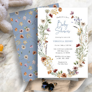 Blue Boho Wildflower Baby Shower Invitation