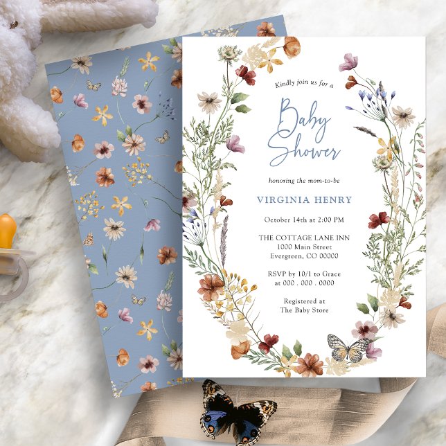 Blue Boho Wildflower Baby Shower Invitation (Dusty Blue Boho Wildflower Baby Shower Invitation with Butterfly by Painted Paperie
)
