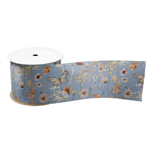 Blue Boho Wildflower Satin Ribbon
