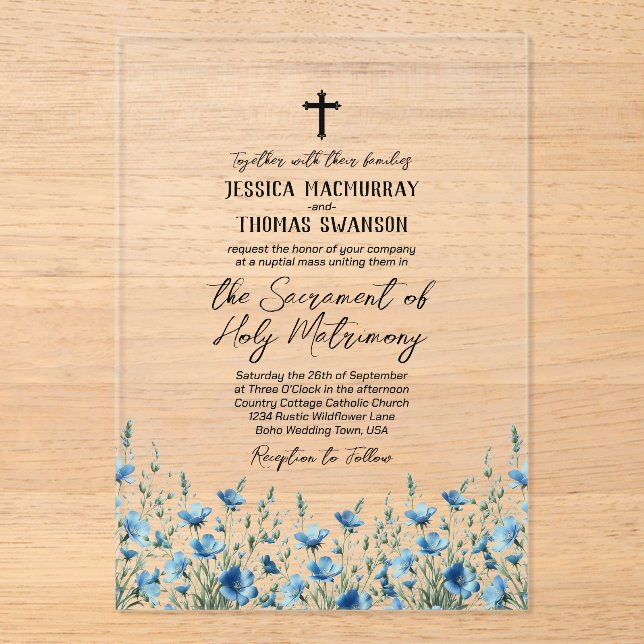 Blue Boho Wildflowers Modern Catholic Wedding Acrylic Invitations (Front)