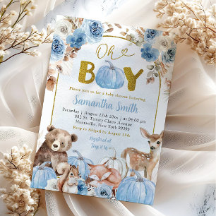 Blue Boho Woodland Fall Pumpkin Baby Shower Invitation