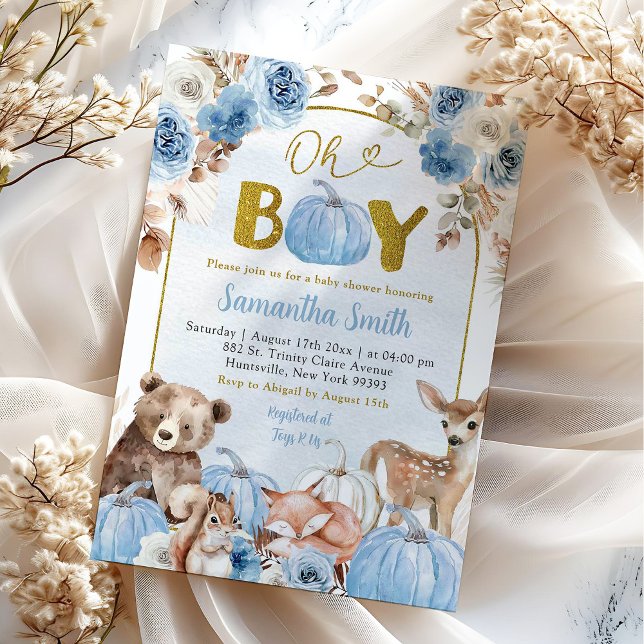 Blue Boho Woodland Fall Pumpkin Baby Shower Invitation (Creator Uploaded)