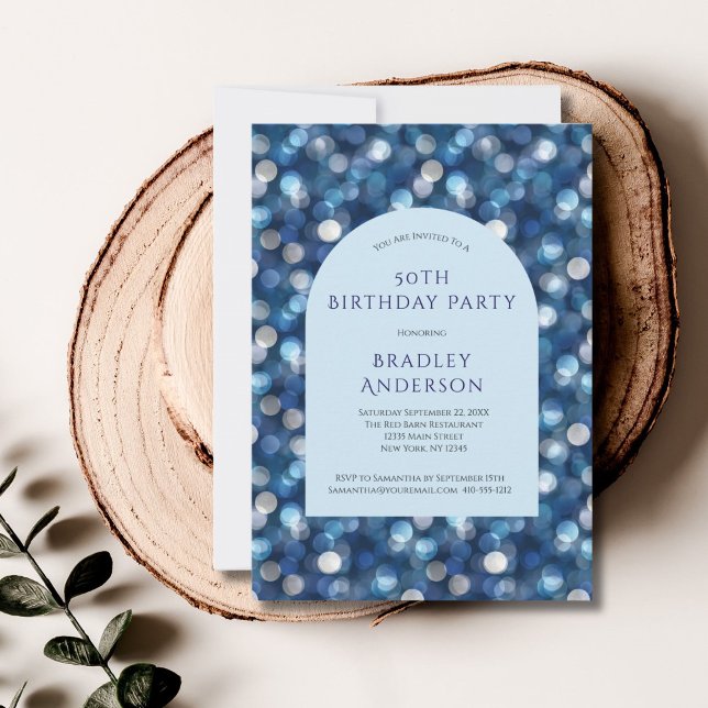 Blue Bokeh Background Arch For Him 50th Birthday Invitation (Blue Bokeh Abstract Circles Blurry Dreamy 50th Birthday invitation for him. Printed or Digital)